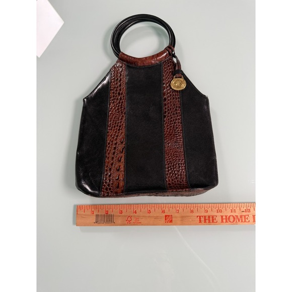BRAHMIN Black & Burg Croc Embossed leather Trapezoid Shape Top handle Satchel - Picture 5 of 10